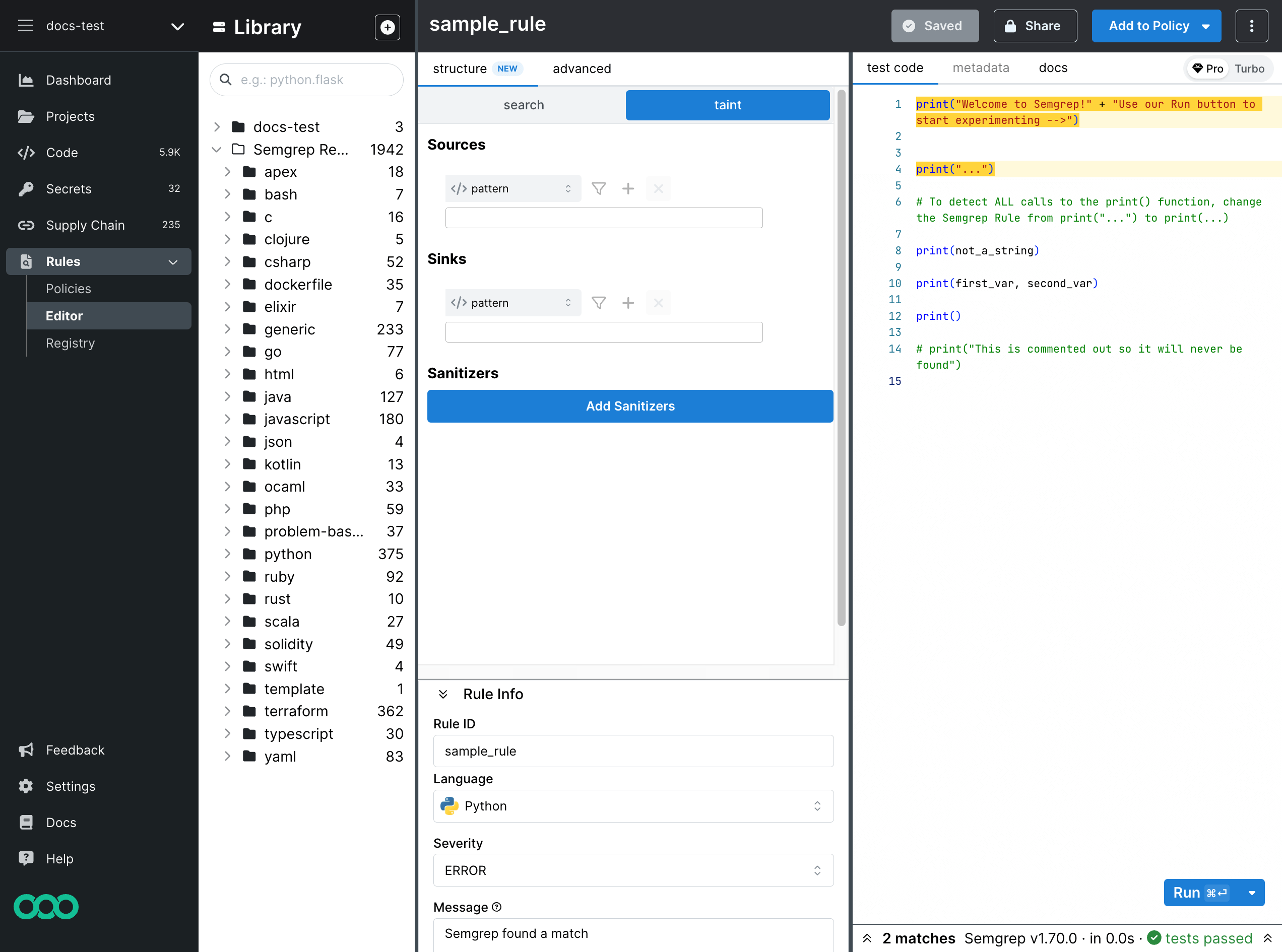 Semgrep Playground's structure view for writing taint rules